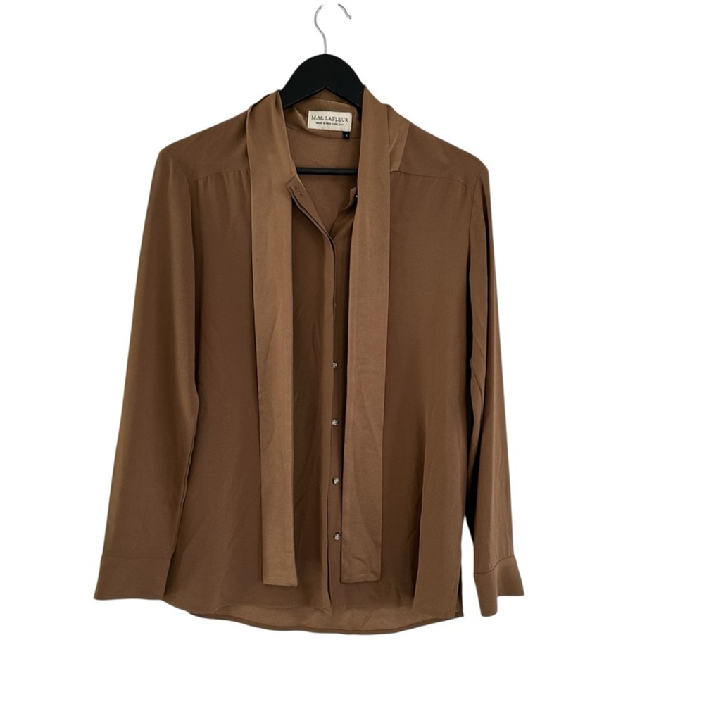 MM LaFleur Golden Crepe Ribbon Neck Tie Button Down Blouse Small Contemporary